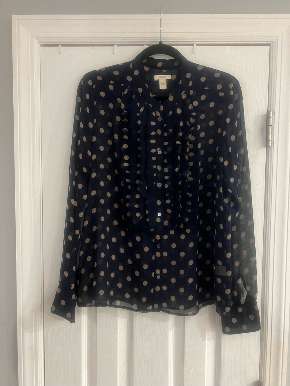 Ann Taylor 100% Silk Dark Navy Polka Dot Ruffled Button-Up Blouse